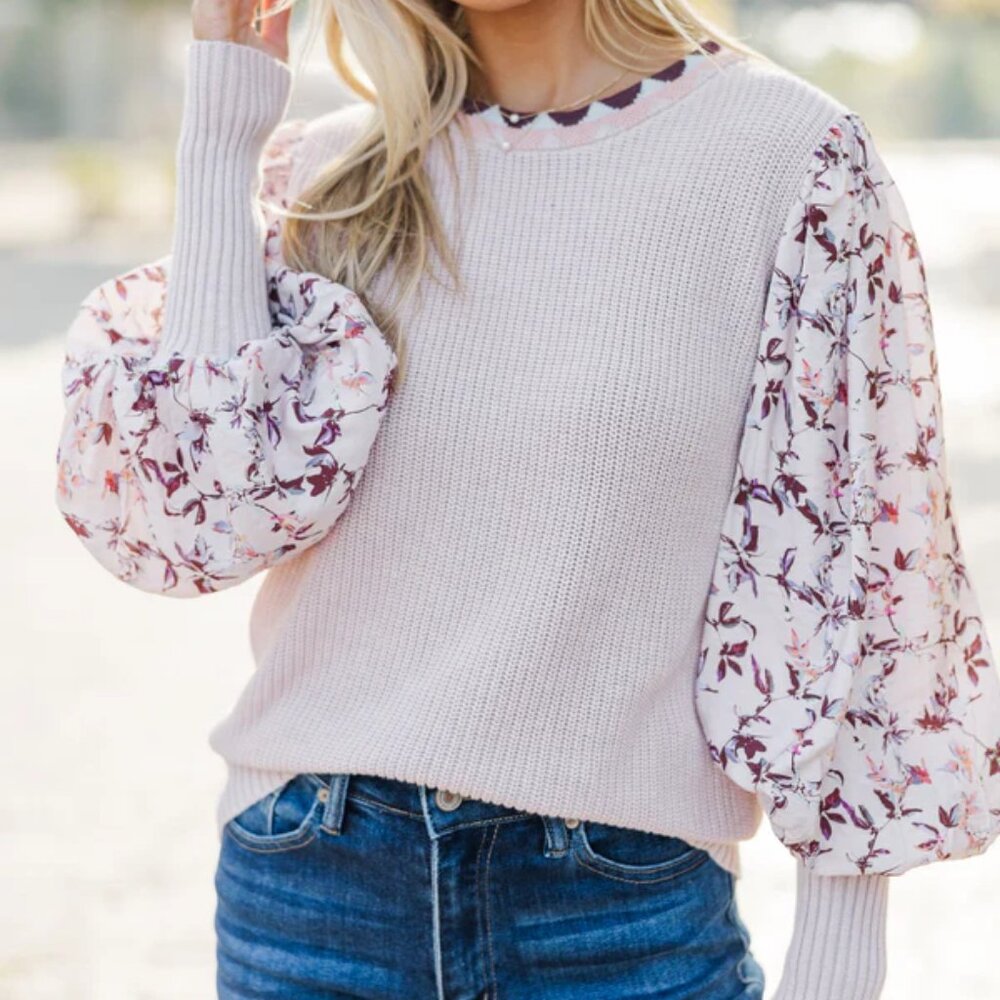 FATE Contrast Woven Juliette Sleeve Crew Neck Sweater